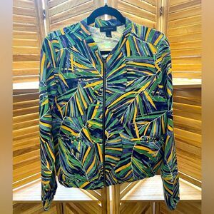 ❤️ 3/$18 Nordstrom Halogen Women's Green and Yellow Patterned Bomber Jacket